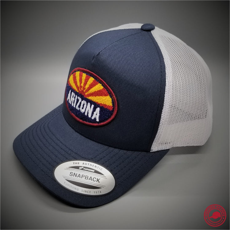 Arizona chenille patch on a navy and white Yupoong 6506 Retro Trucker Snapback Cap