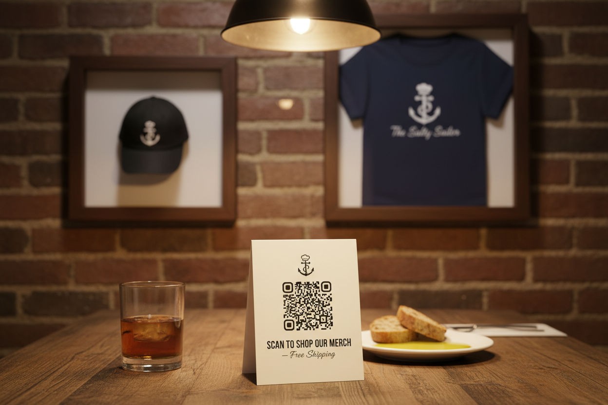 Table tent QR code with framed merch in background